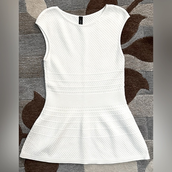 Marc Cain Capped Sleeve Texture Bubble Knit Flare Tunic w Ribbed Waist Off White - Picture 7 of 11